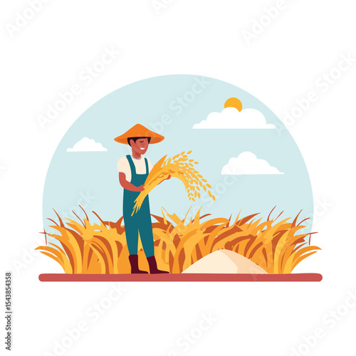 Farmer holds grains in a rice field with sky sun and clouds background