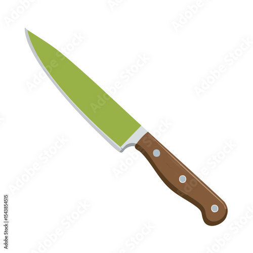 Kitchen Knife with Green Blade and Wood Handle on Black Background for Food Preparation