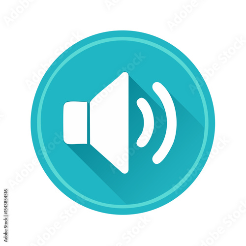 White speaker volume symbol on teal round button. Media player audio flat design graphic sound waves indicator for music application