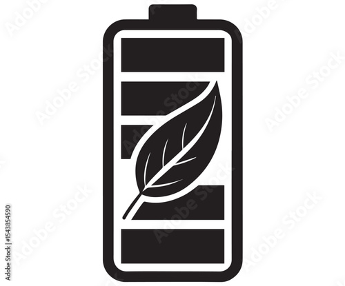 Eco-Friendly Energy: A black and white illustration of a battery intertwined with a leaf symbolizing sustainable and renewable power, promoting eco-consciousness and green energy.