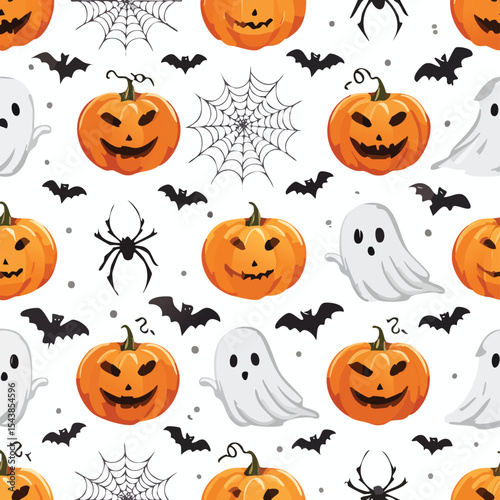 Seamless Halloween pattern with pumpkins ghosts spiders spiderwebs and bats against a white background