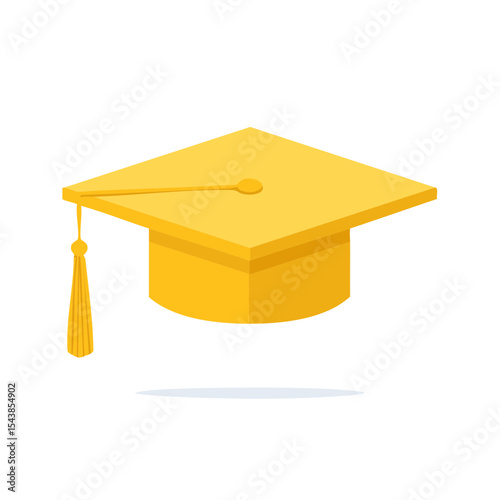 Graduation cap illustration. Academic achievement concept. Gold mortarboard with tassel for school, university, college degree ceremony.