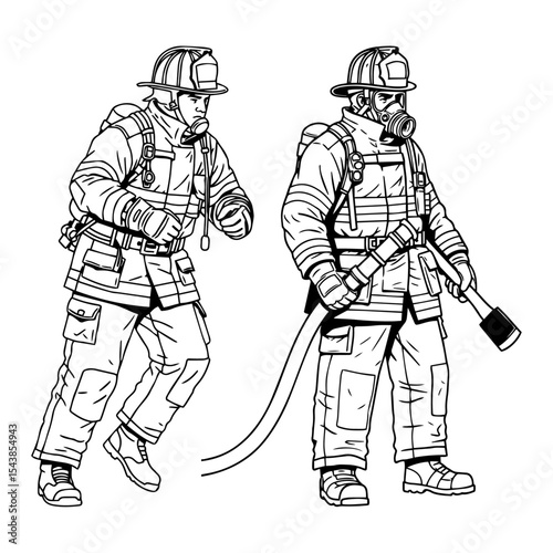 Firefighter Safety Gear Detailed Line Art Illustrations of Firefighters in Full Protective Gear