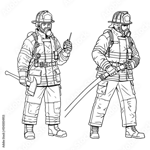 Detailed Line Art Illustration of Two Firefighters in Full Gear, Ready for Action