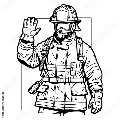 Brave Firefighter in Full Gear, Waving a Greeting  A Powerful Line Art Illustration