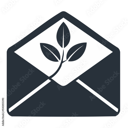 Opened envelope with sprig of leaves for growth message, mail service or organic announcement concept