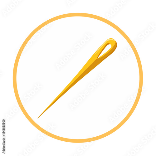 Golden sewing needle with eye for thread inside a simple circular frame, creative illustration