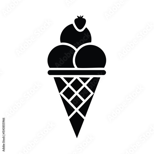 Stylized cone with scoops and strawberry topping offers simple dessert concept with dark, monochrome appearance.