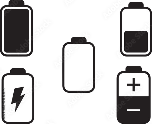 Battery Charge Level Icons: A series of icons illustrating varying battery charge levels, from full to empty, including a charging symbol, rendered in a minimalist black and white design.
