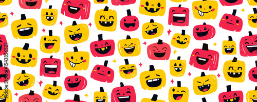 Seamless Halloween Pattern with Cute Pumpkin Faces Flat Style for Kids