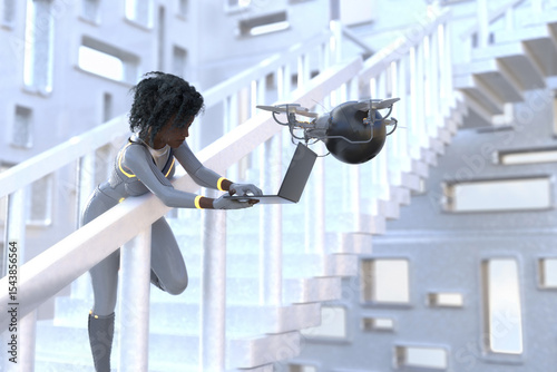 A young afro-american woman leaning over the staircase railing to type something on a laptop held by a hovering drone. Concept of technology and futurism.