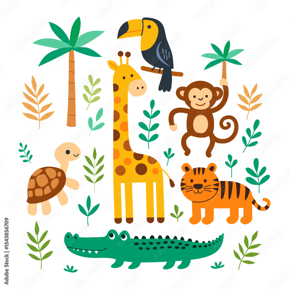 Obraz premium Cute jungle animals cartoon set. Giraffe, monkey, tiger, crocodile, toucan, turtle, and tropical leaves in flat vector style. Fun wild animal illustration for kids and nursery decor. EPS 10