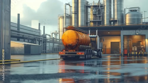 A truck transported chemical barrels at loading dock. Tanker truck being filled at a petrochemical plant