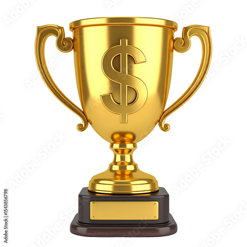 Golden money trophy concept for financial success and achievement award isolated on  transparent background