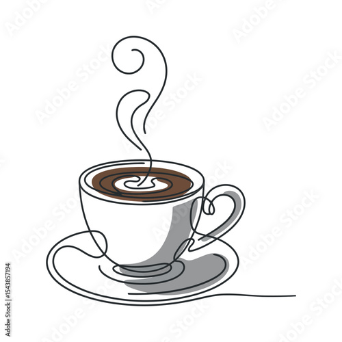 One line drawing of a steaming coffee cup with saucer
