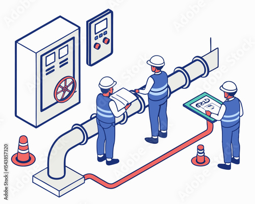 Factory industrial maintenance isometric. Technician and engineer team working on gas and electric installation system concept, isolated illustration on white background.