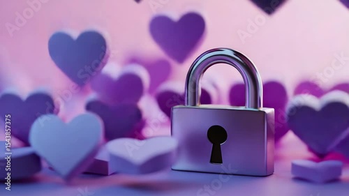 Shiny metal padlock surrounded by falling purple heart shapes on soft pink background, romantic concept for Valentine's Day, wedding promotions, love stories, bright pastel tones, with copy space 