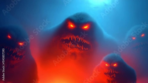 Creepy glowing-eyed monsters emerging from foggy shadows, dark horror animation for Halloween promotions, thriller intros, gaming content, cinematic red and blue tones, with center copy space