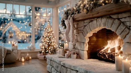 Cozy stone fireplace with burning fire and Christmas decorations in warm festive home interior, camera moving forward, warm earthy and golden tones, perfect for holiday promotions