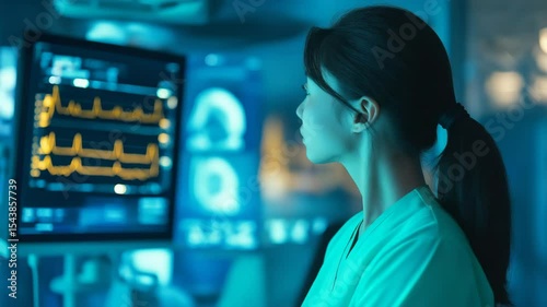 Focused Asian female nurse turning head to look at medical monitor with heart rate graph, video for healthcare ads, hospital marketing, medical education, blue and teal color palette, with copy space 
