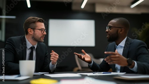 Two diverse businessmen in suits having discussion over financial deal at office table, video for corporate presentations, finance blogs, business education, modern dark color palette, with copy space
