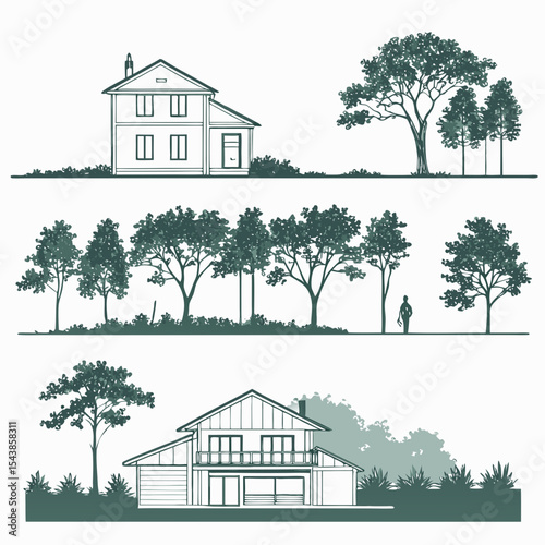 Minimal style cad tree line drawing, Side view, set of section garden, wetland forest outline for landscape design drawing. Vector illustration 