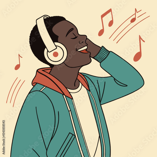 Sure! Here's a rewritten version of your description with improved flow and clarity:

"Black Asian man enjoying music through headphones, immersed in his favorite song. Vector art