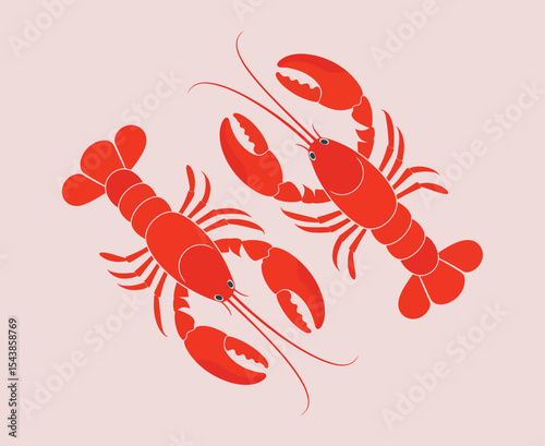 Two stylized red lobster illustrations in a symmetrical design