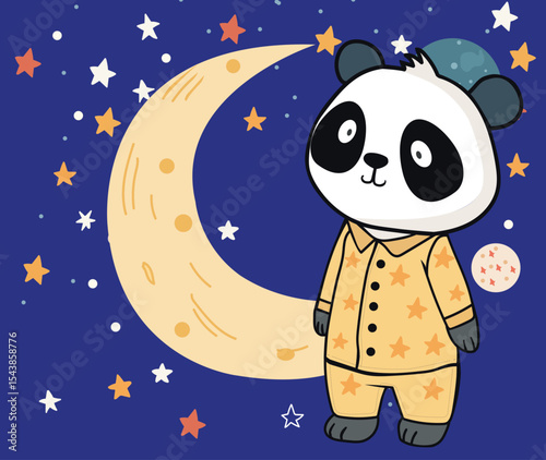 panda in pajamas against of the starry sky moon.
