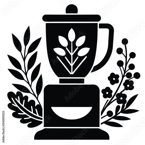 Food processor with various floral decoration silhouette black vector art design