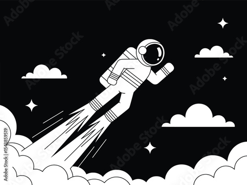 Jetpack Astronaut in Space, Black and White Sci-Fi Vector Illustration.