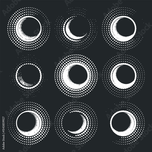 Set of nine circular moon shapes with halftone dots