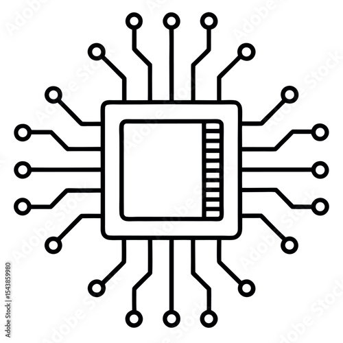Minimal black outline icon of a CPU chip with connections. Ideal for tech interfaces, AI, computing systems, data circuits, hardware illustrations, and modern electronics branding.

