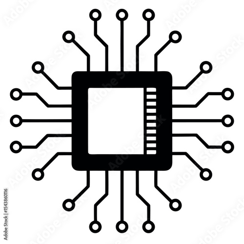 Minimal black outline icon of a CPU chip with connections. Ideal for tech interfaces, AI, computing systems, data circuits, hardware illustrations, and modern electronics branding.

