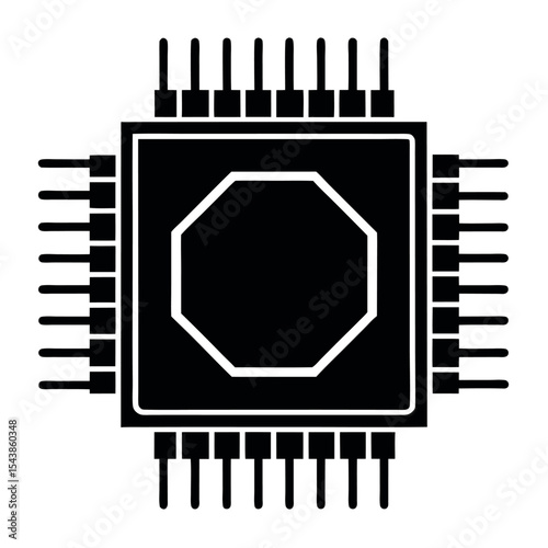 Minimal black outline icon of a CPU chip with connections. Ideal for tech interfaces, AI, computing systems, data circuits, hardware illustrations, and modern electronics branding.


