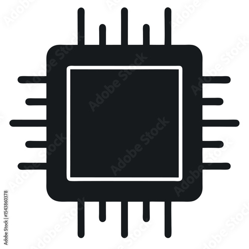 Minimal black outline icon of a CPU chip with connections. Ideal for tech interfaces, AI, computing systems, data circuits, hardware illustrations, and modern electronics branding.

