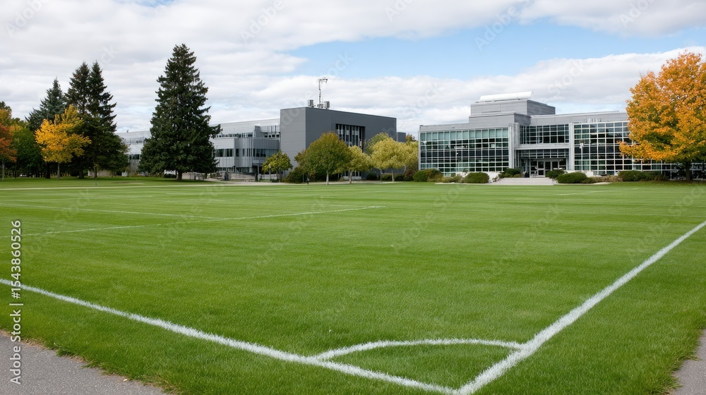 Fototapeta premium Modern college sports complex with football pitch and construction activities under a clear blue sky