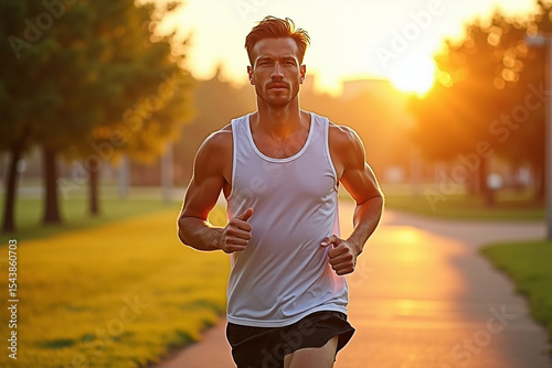 Young man running in a park, an active runner exercising outdoors in nature
