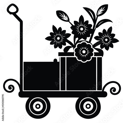 Luggage cart with various floral decoration silhouette black vector art design