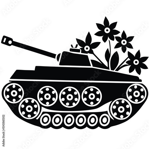 Military tank with various floral decoration silhouette black vector art design