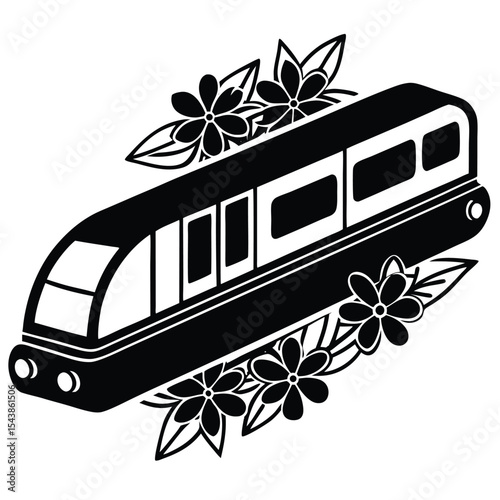 Monorail with various floral decoration silhouette black vector art design