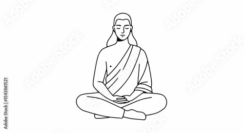 Line art of a person meditating in lotus pose with long hair and a traditional cloth