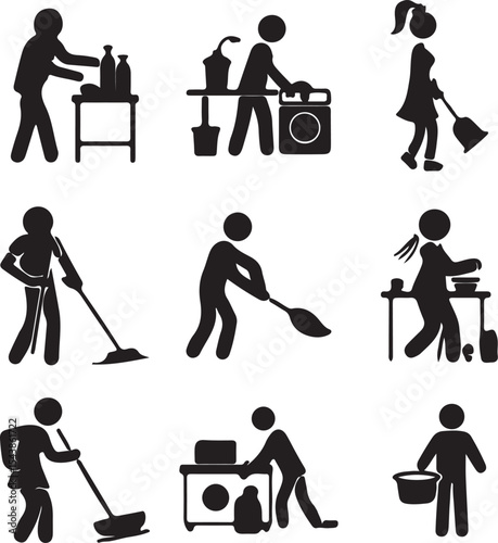 black and white illustrated silhouettes of people doing chores, cleaning, vacuuming, washing clothes, ironing, mopping, sweeping, dusting, laundry, household tasks
