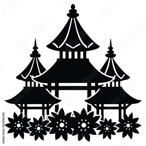 Pagoda roofs with various floral decoration silhouette black vector art design