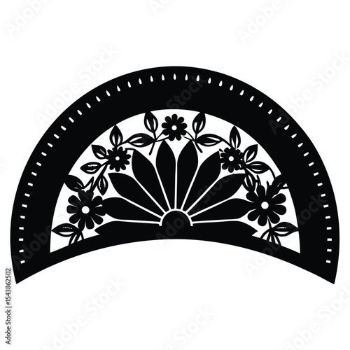 Protractor with various floral decoration silhouette black vector art design