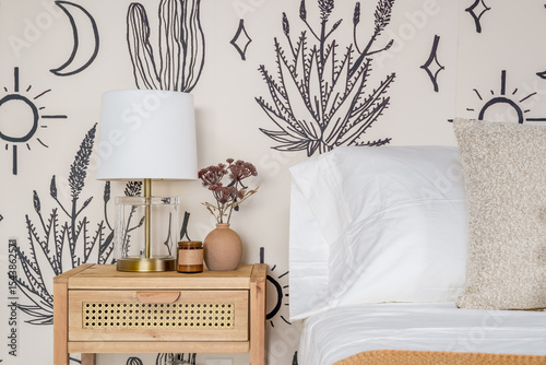 Southwest desert cowboy themed bedroom with bed pillows side table