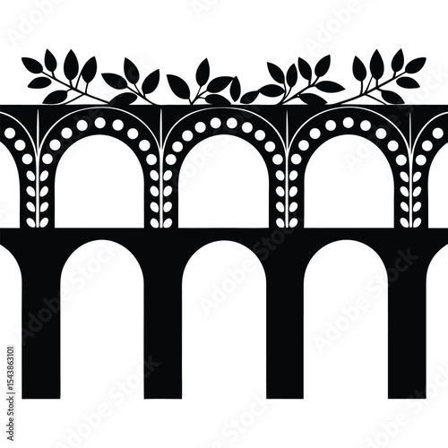 Roman aqueducts with various floral decoration silhouette black vector art design