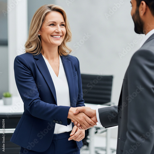 business people shaking hands in office. Business handshake concept. Happy middle aged professional woman manager and male client or partner shaking hand. meeting in corporate office.