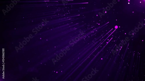 Abstract purple light rays and floating particles in dynamic dark space