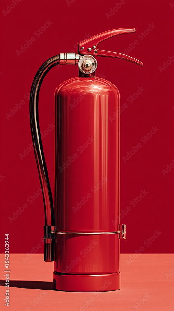 Obraz premium A shiny red fire extinguisher stands against a matching red background in a studio setting